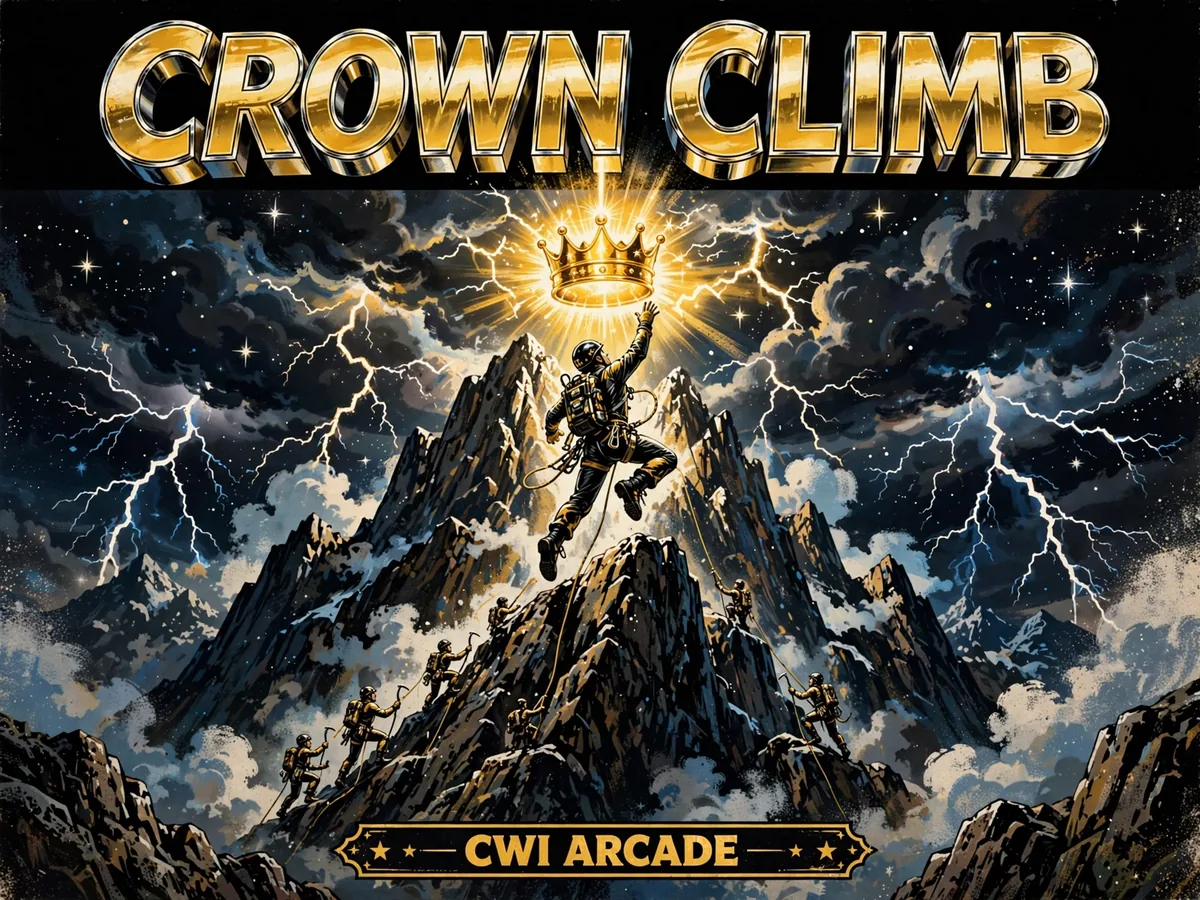 Crown Climb cover art — a climber reaching for a glowing golden crown above a stormy mountain peak