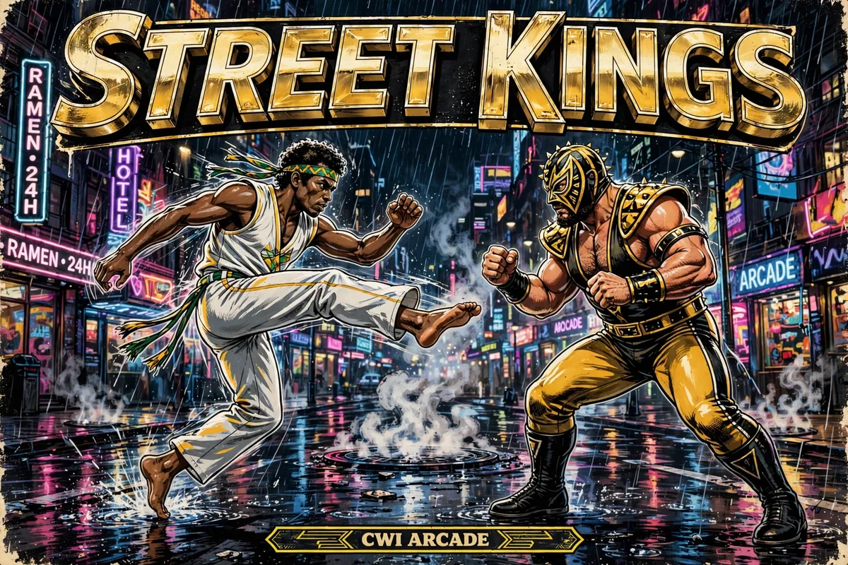 Street Kings cover art — two street fighters clashing on a rain-slicked neon city street at night