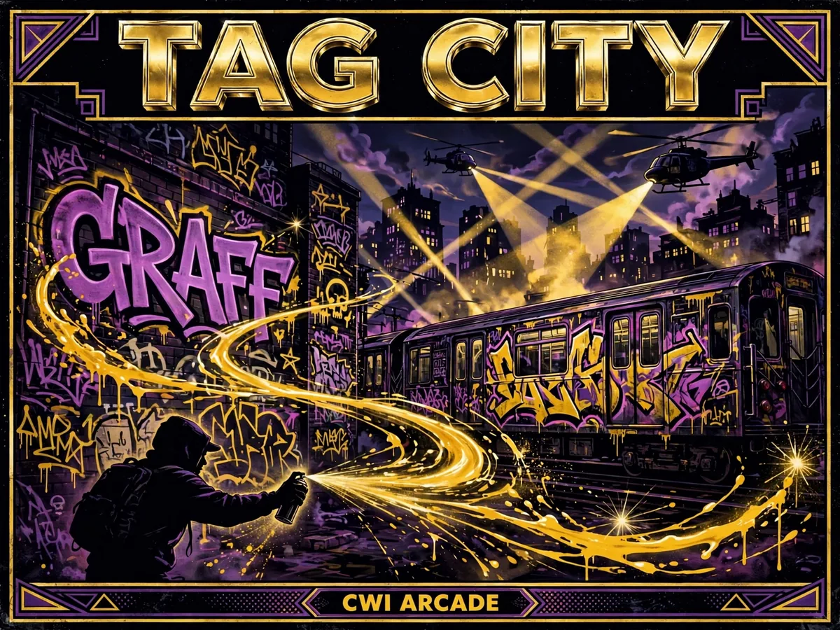 TAG CITY cover art — a street artist painting glowing graffiti across a night cityscape